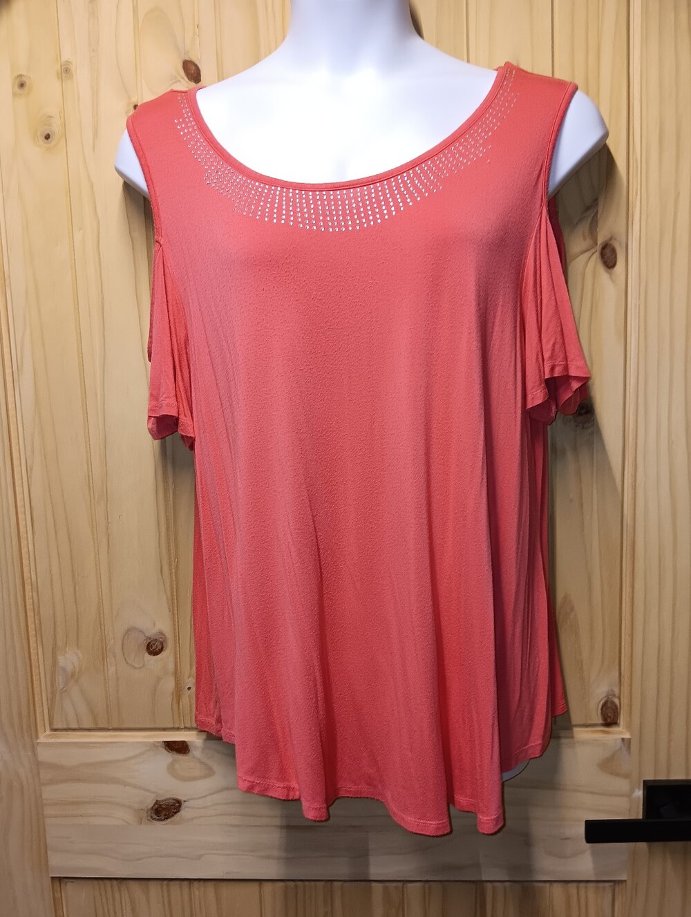 Belldini Coral Cold-Shoulder Top with Rhinestone Scoop Neck.